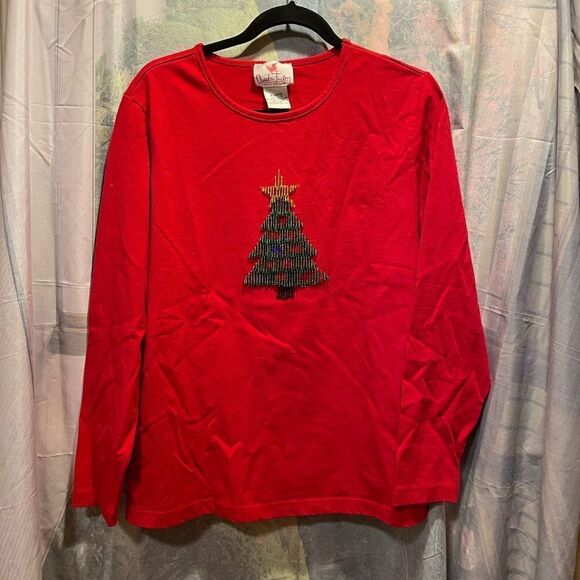 Quacker Factory Woman’s Glass Beaded Christmas Tree long sleeved red shirt XL - Picture 1 of 11